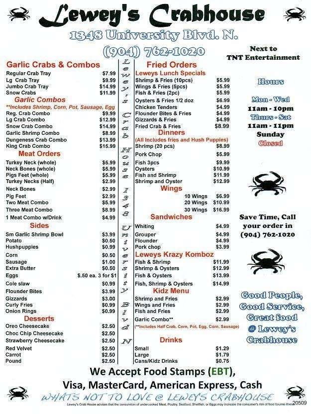 Lewey's Crab House Menu, Menu for Lewey's Crab House, Southside, Jacksonville Urbanspoon/Zomato