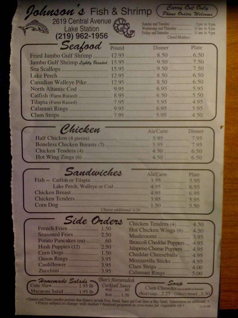 Johnson's Fish & Shrimp Menu Urbanspoon/Zomato