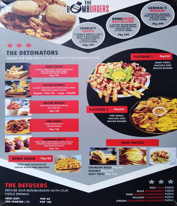 Menu at The Bomburgers restaurant, Quezon City