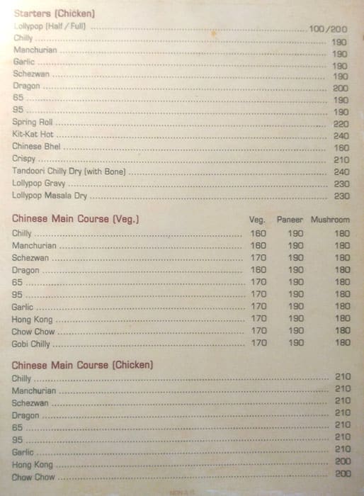 Menu at Kit Kat Restaurant and Bar, Mumbai, WRVH+792