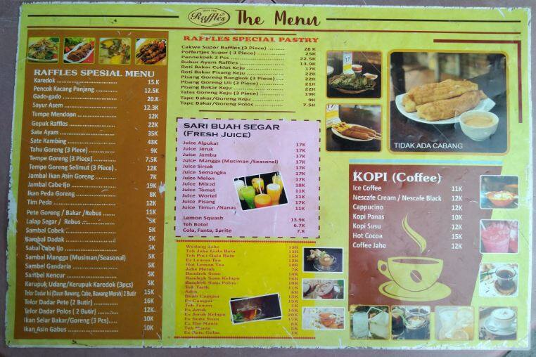 Menu at Raffles restaurant, Bogor