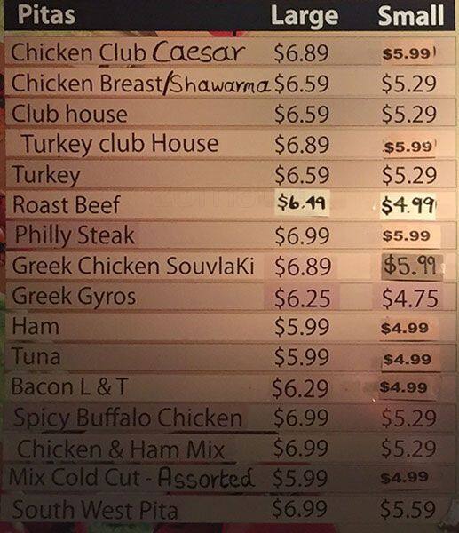 Menu au Pita Zone restaurant, Pickering