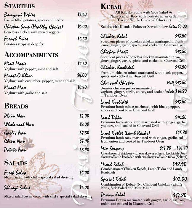 Menu at Persian Flavours restaurant, Forest Hill