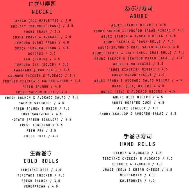 Kintaro Sushi Train menu