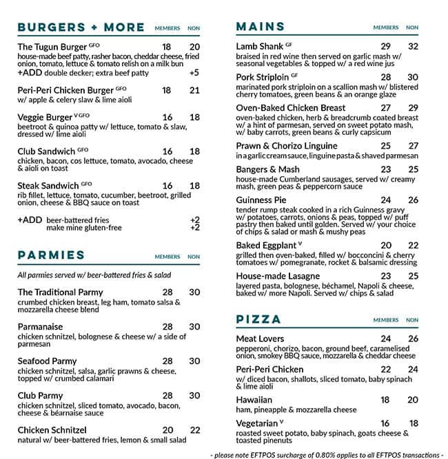 Menu at Tugun Tavern restaurant, Tugun