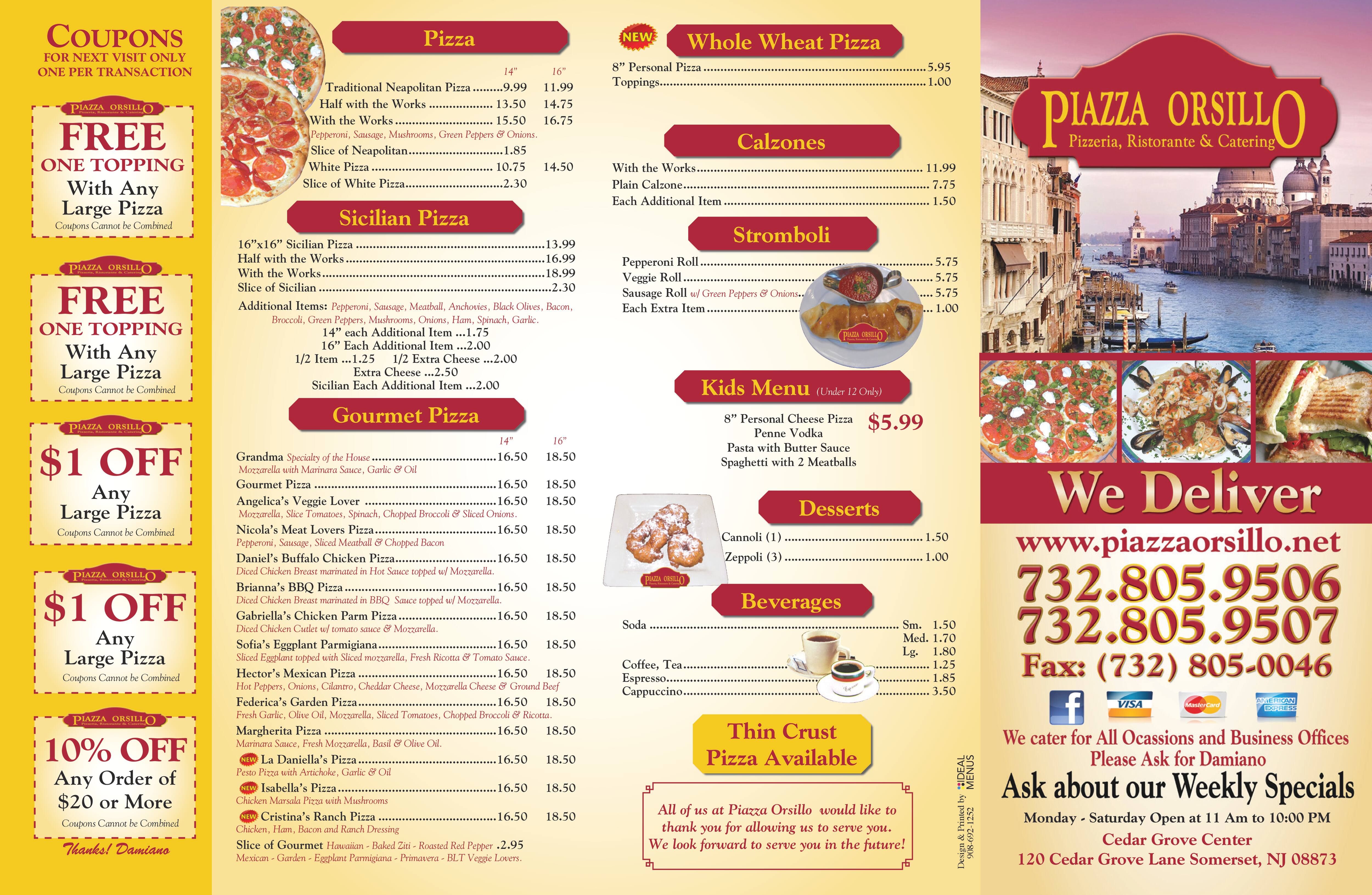 Piazza Orsillo Menu, Menu for Piazza Orsillo, Somerset, Somerset