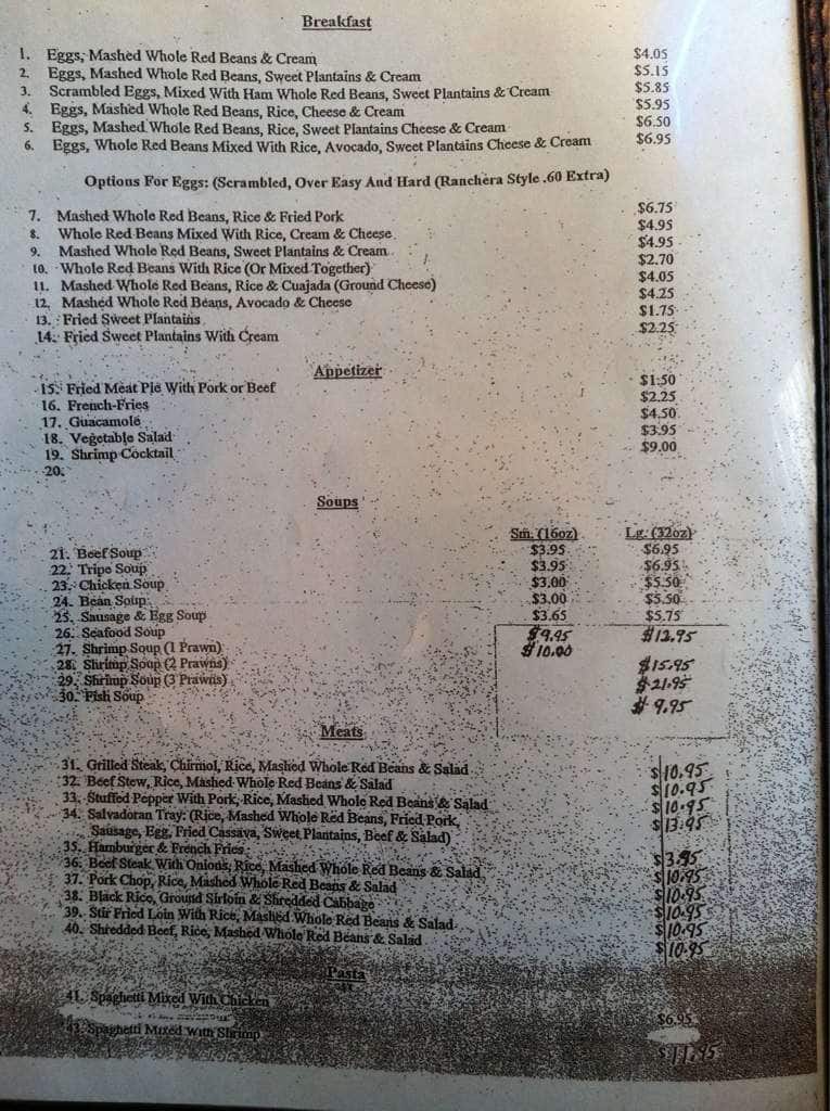 Menu at Las Brisas De El Salvador restaurant, West Hempstead