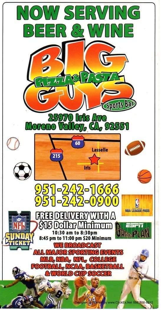 Menu at Big Guys Pizza pub & bar, Moreno Valley