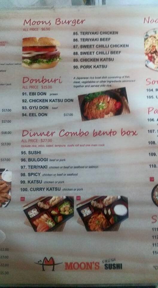 Menu at Moon Sushi restaurant, Wollongong, 3/2230 Gladstone Ave