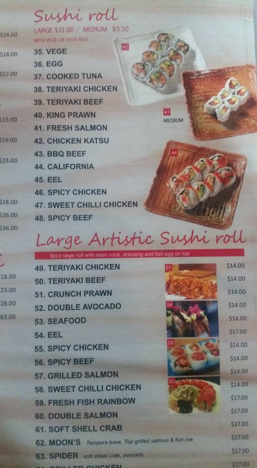 Menu at Moon Sushi restaurant, Wollongong, 3/2230 Gladstone Ave