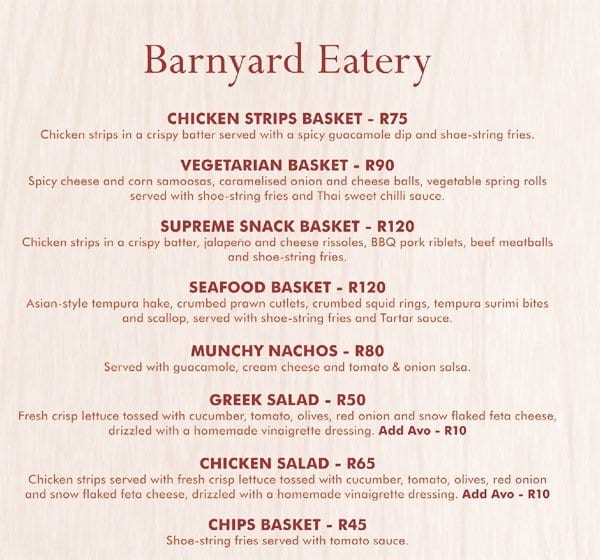 Barnyard Theatre Menu, Menu for Barnyard Theatre, Cresta, Randburg