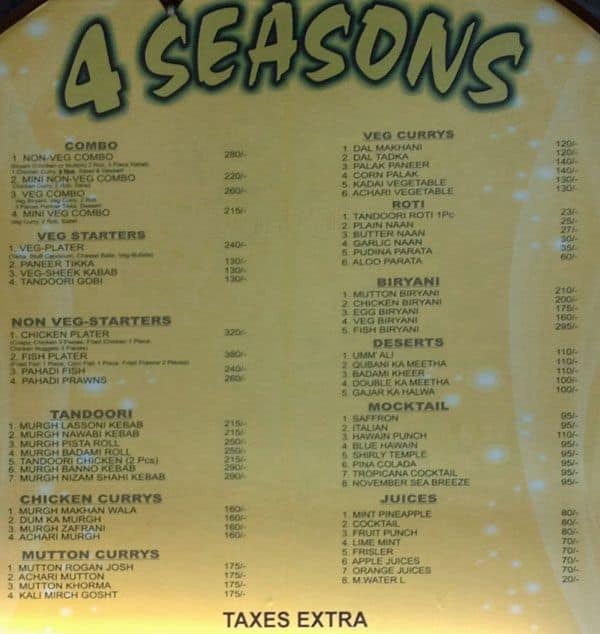 Seasons Restaurant Menu Hyderabad Seasons Restaurant Menu Hyderabad