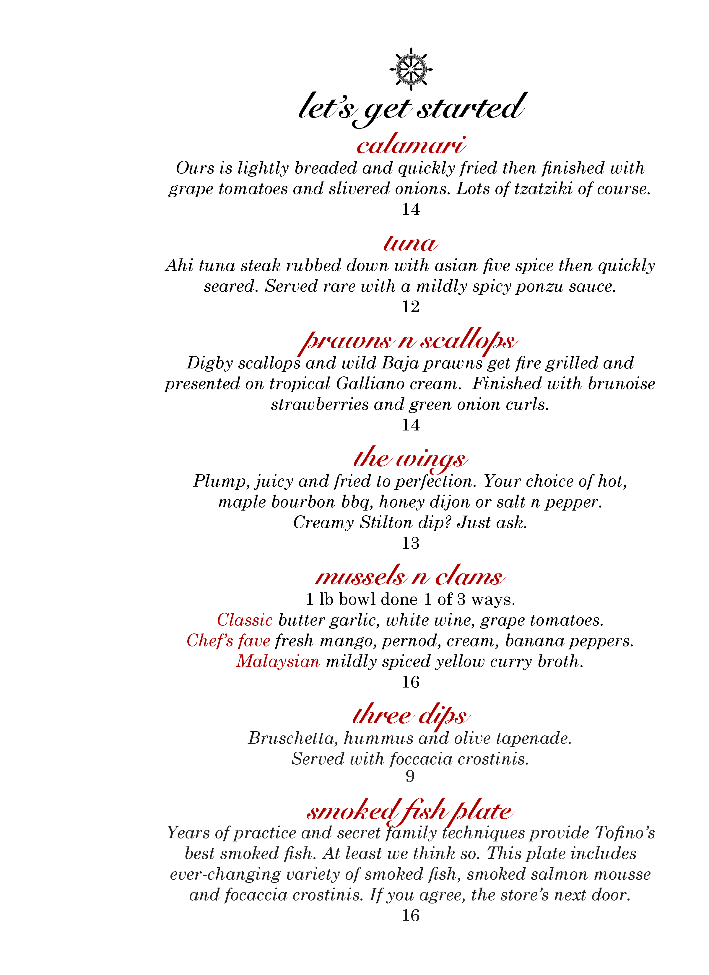 Menu au Sea Shanty Restaurant, Tofino