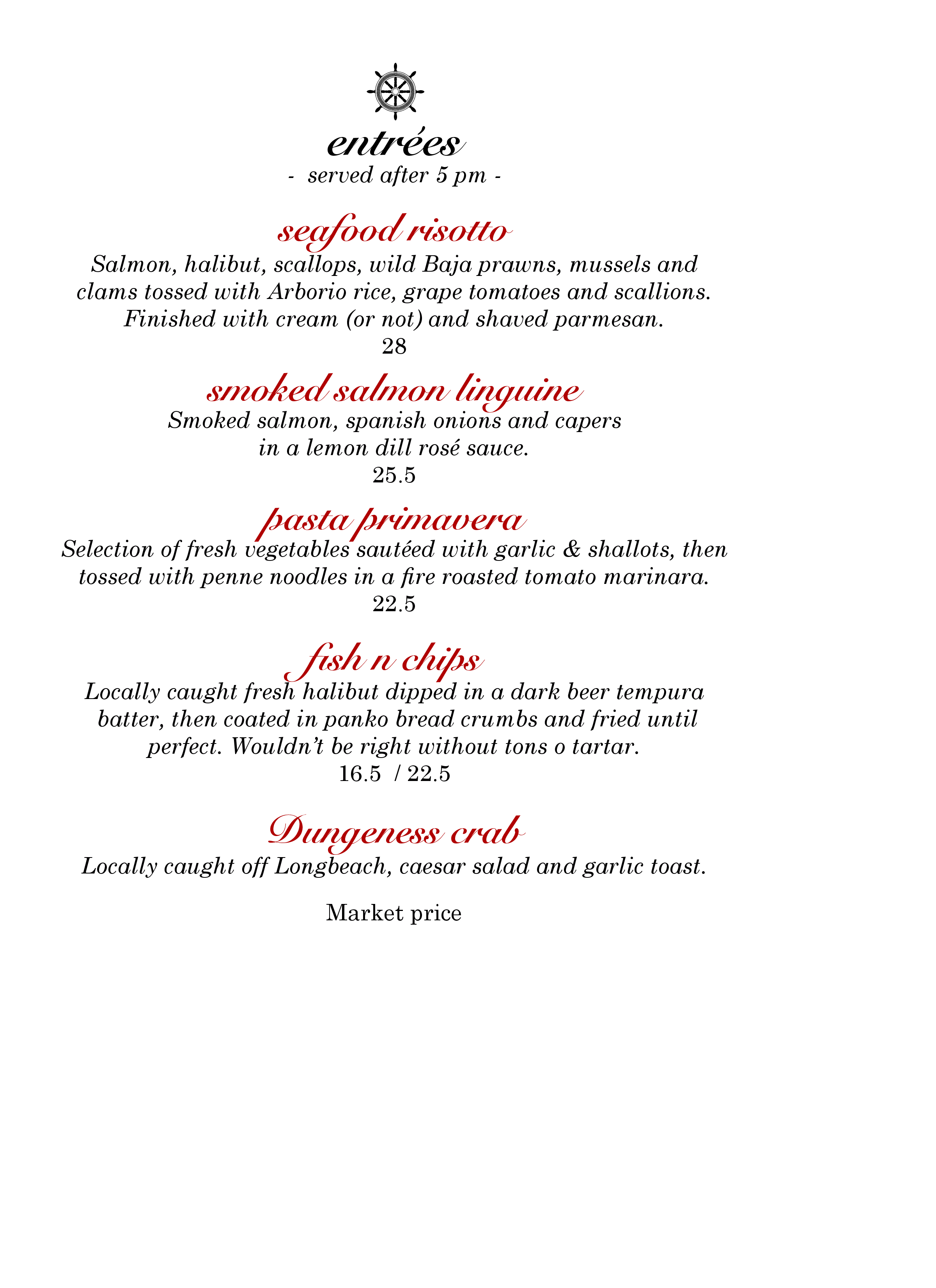 Menu at Sea Shanty Restaurant, Tofino