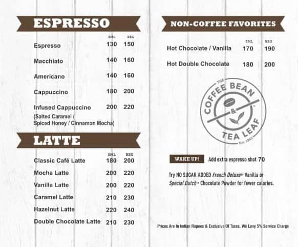The Coffee Bean & Tea Leaf menu