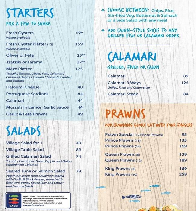 Ocean Basket Menu, Menu for Ocean Basket, Jeffreys Bay, Eastern Cape