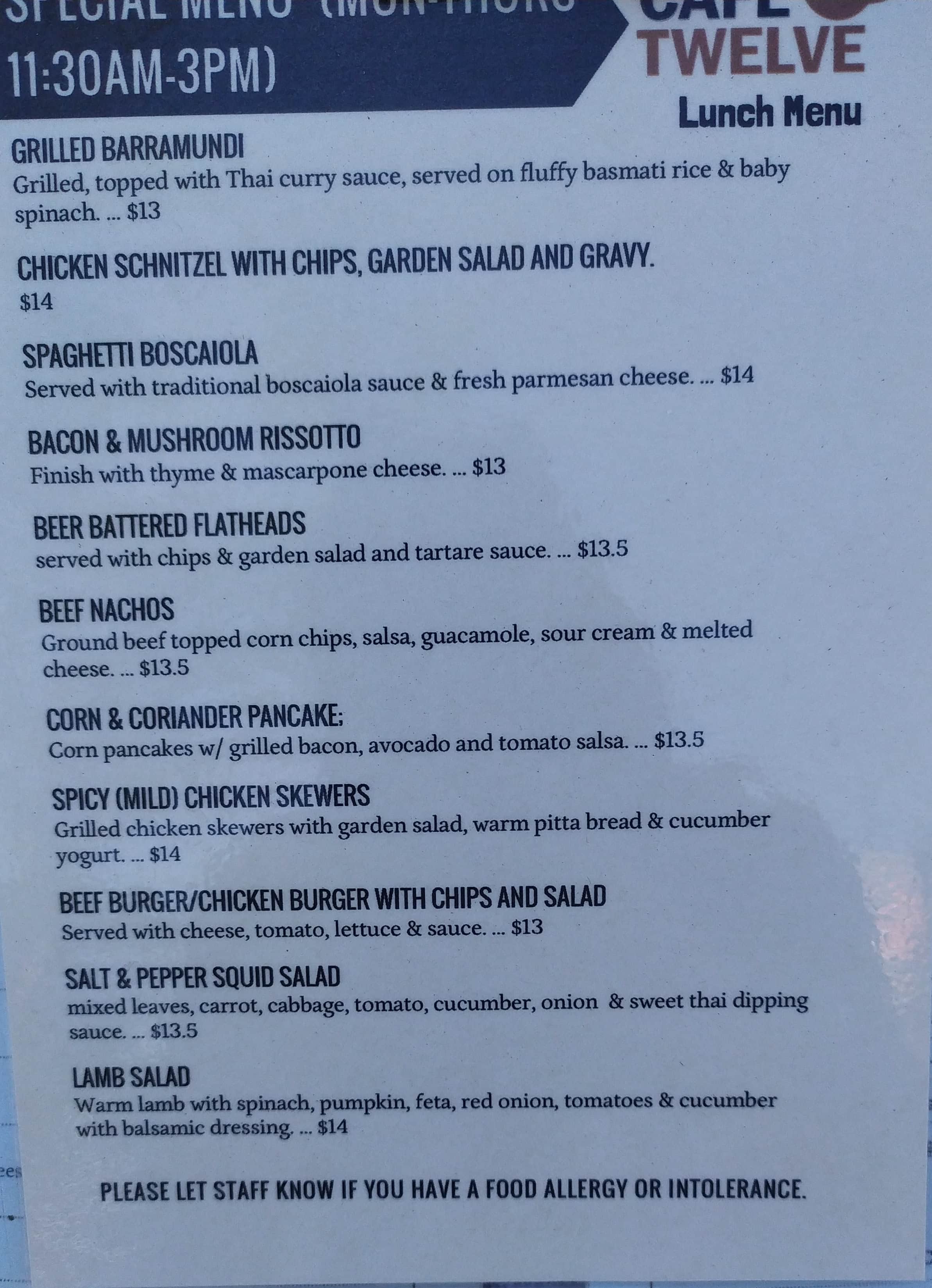 Menu at Cafe Twelve, Gymea