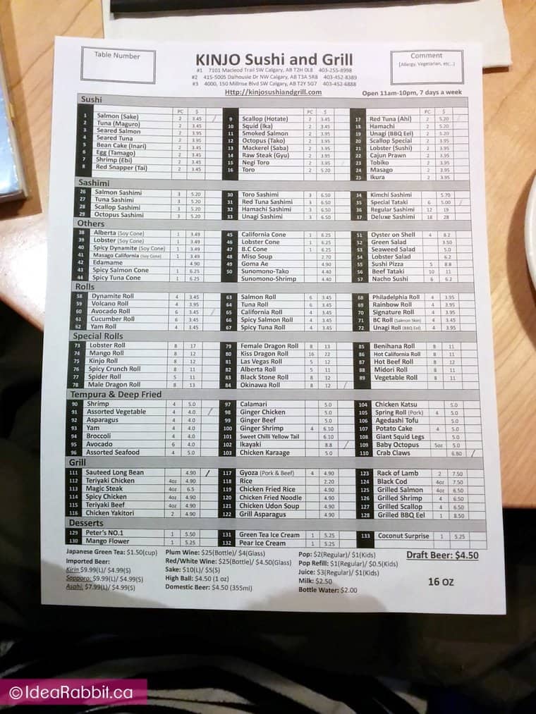 Kinjo Sushi & Grill Menu, Menu for Kinjo Sushi & Grill, Dalhousie
