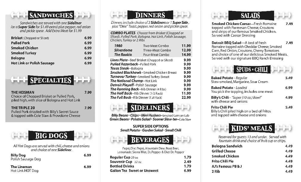 Menu at Billy Sims BBQ, Troy