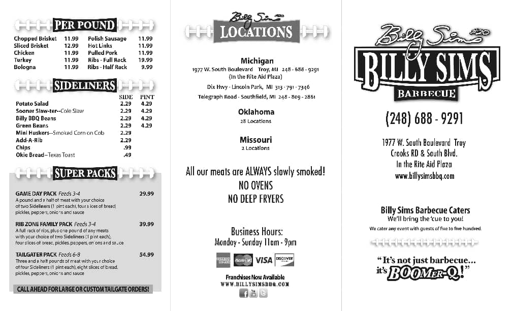 Menu At Billy Sims BBQ, Troy