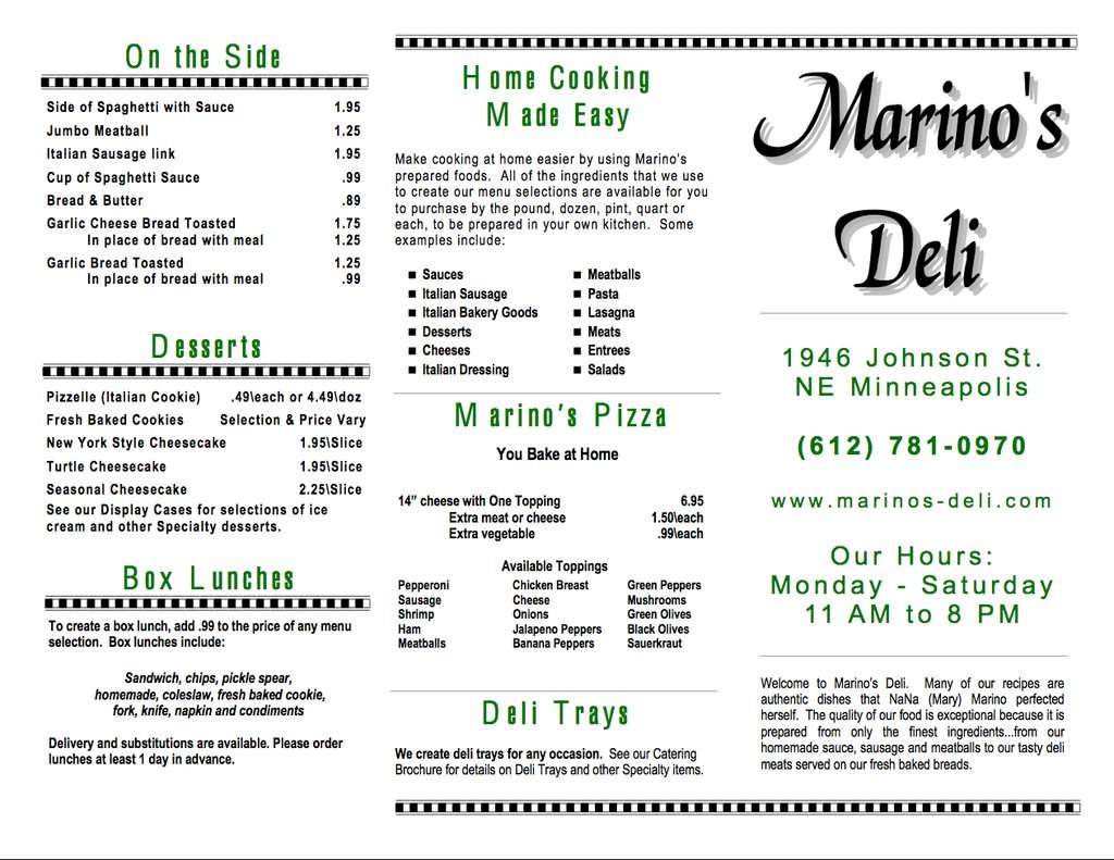 Marino's Deli Menu, Menu for Marino's Deli, Northeast Minneapolis, Twin Cities Urbanspoon/Zomato