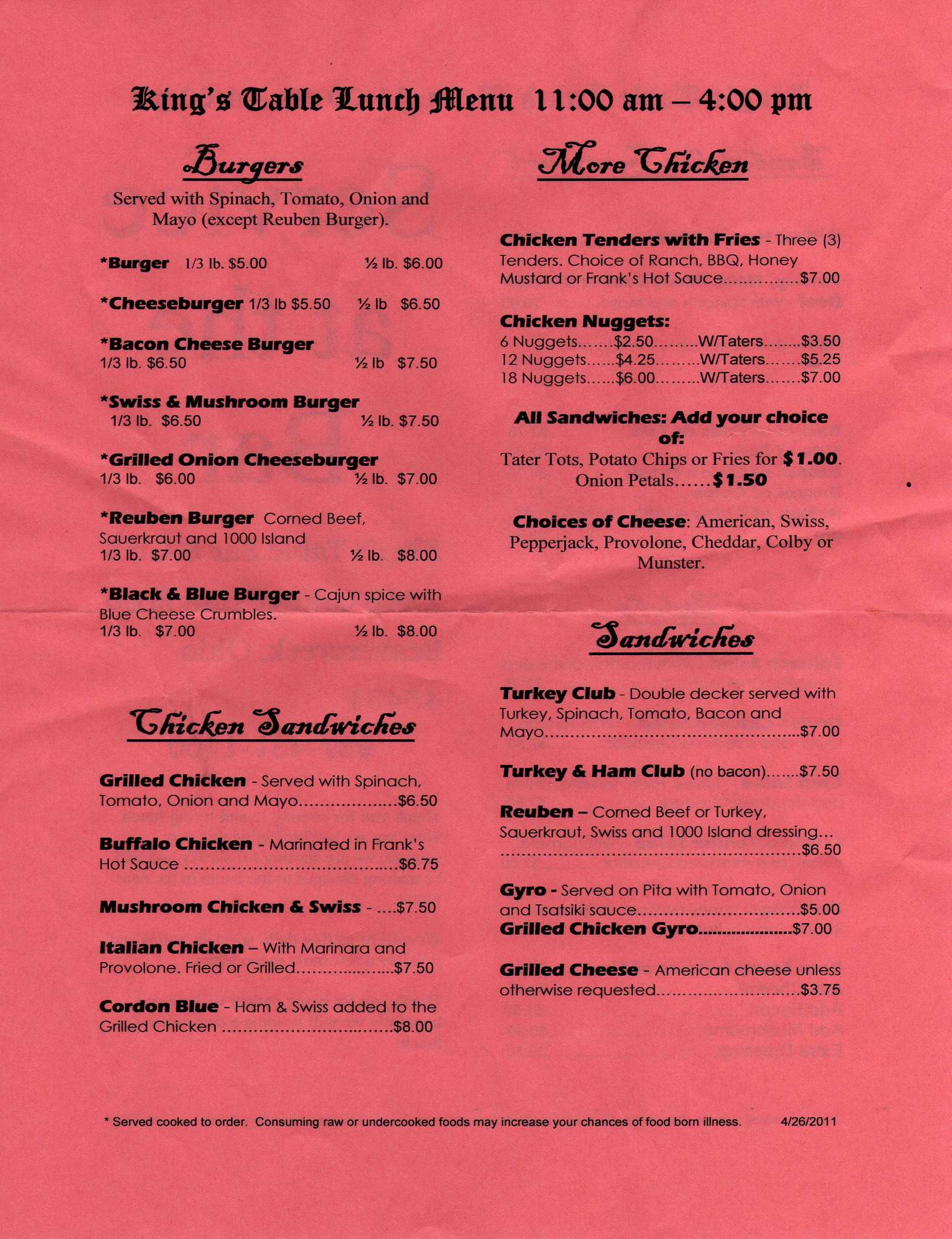 Menu at Kings Table pub & bar, Beavercreek