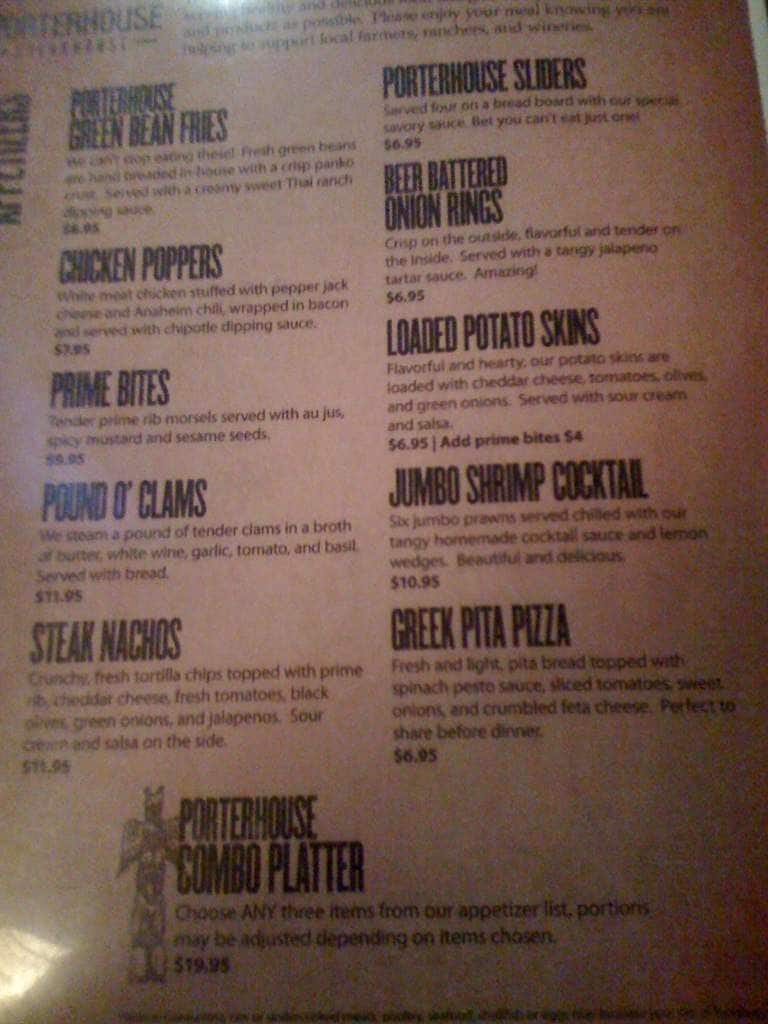 Menu at Porterhouse Steakhouse, Moses Lake