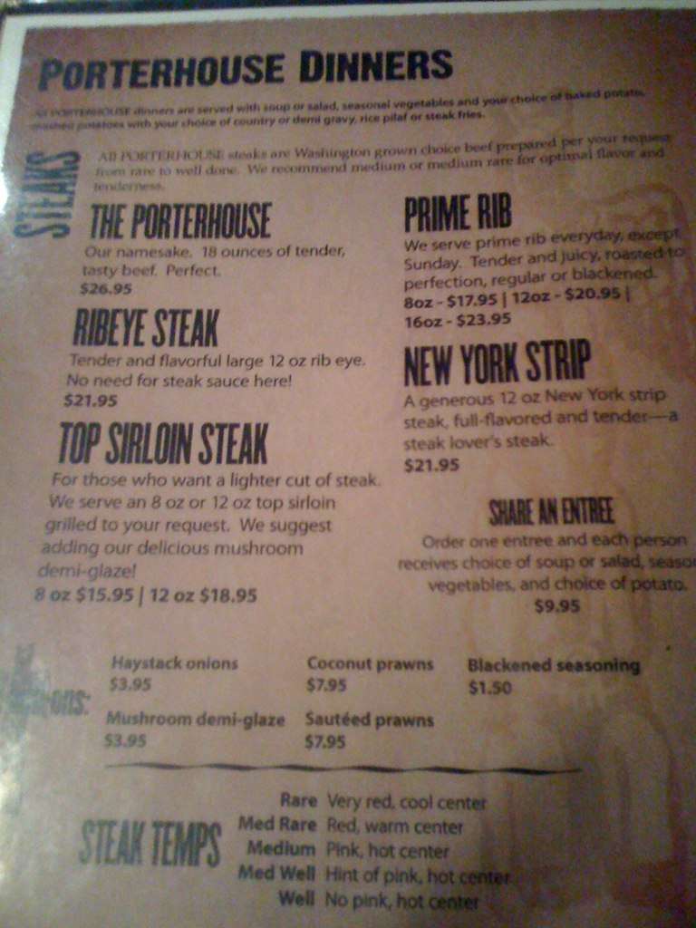 Menu at Porterhouse Steakhouse, Moses Lake