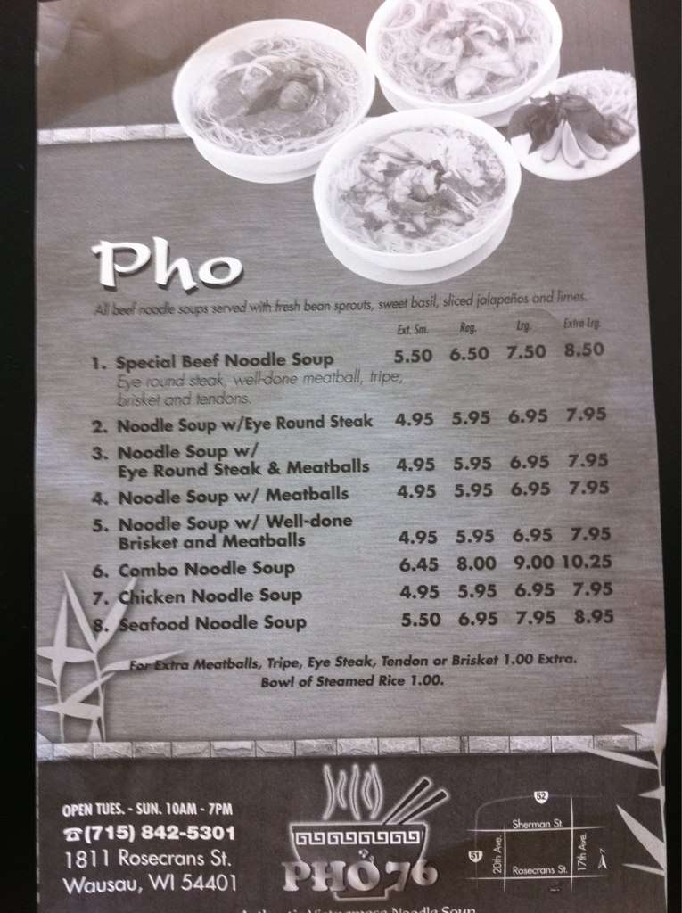 Pho 76 Menu, Menu for Pho 76, Wausau, Wausau Urbanspoon/Zomato