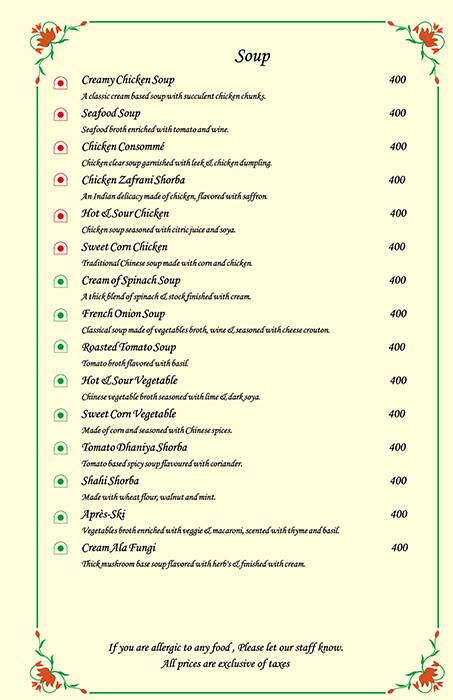 Chunda Palace Hotel Restaurant Menu