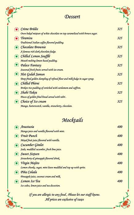Chunda Palace Hotel Restaurant Menu