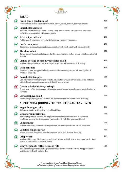 Chunda Palace Hotel & Restaurant menu