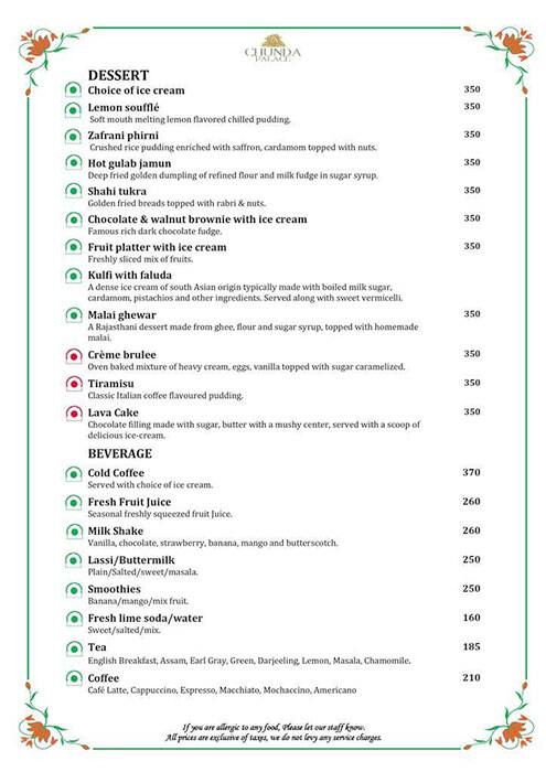 Chunda Palace Hotel & Restaurant menu