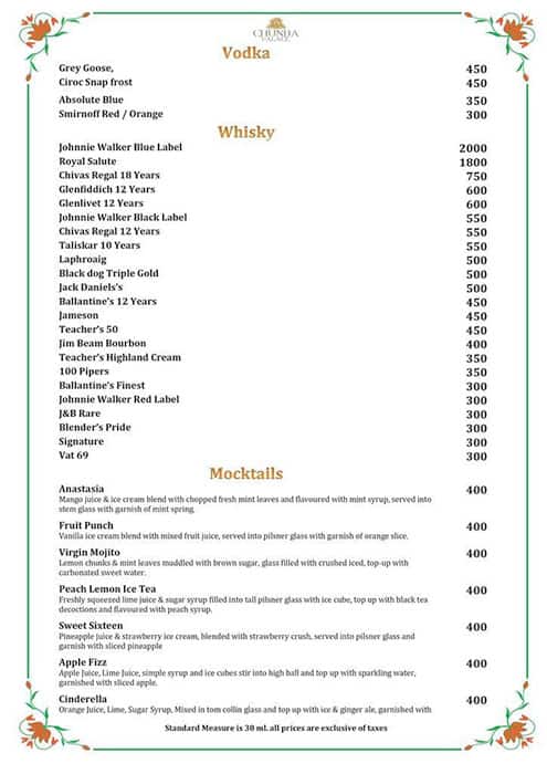 Chunda Palace Hotel & Restaurant menu