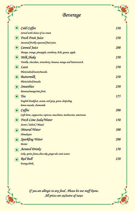 Chunda Palace Hotel Restaurant Menu