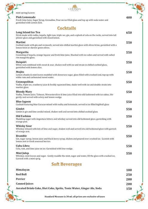 Chunda Palace Hotel & Restaurant menu