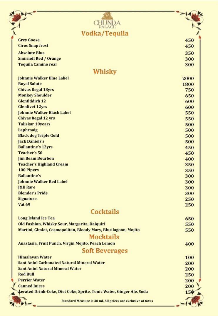 Chunda Palace Hotel Restaurant Menu