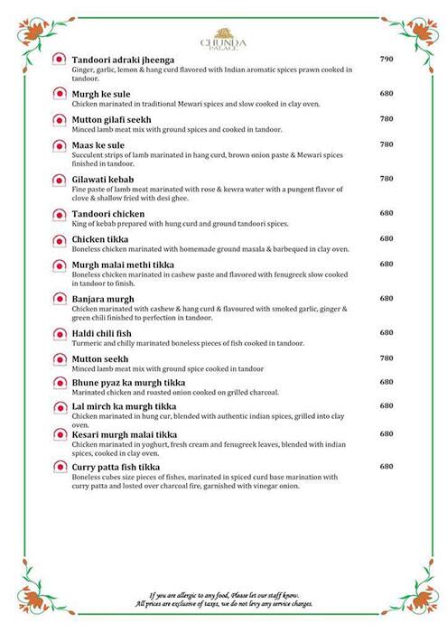 Chunda Palace Hotel & Restaurant menu