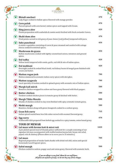 Chunda Palace Hotel & Restaurant menu