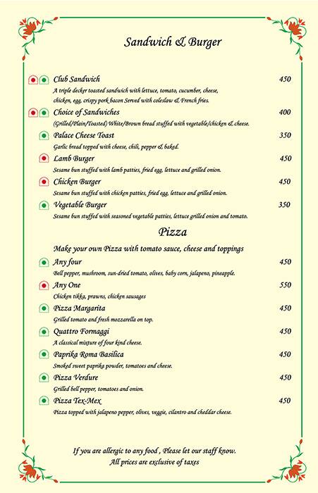 Chunda Palace Hotel Restaurant Menu