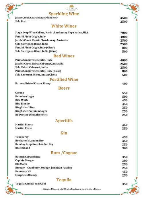 Chunda Palace Hotel & Restaurant menu