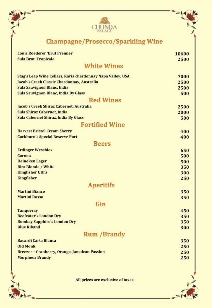 Chunda Palace Hotel Restaurant Menu