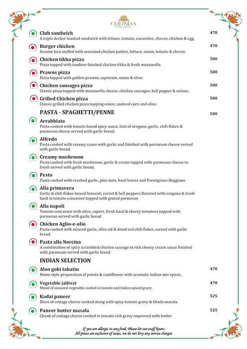 Chunda Palace Hotel & Restaurant menu