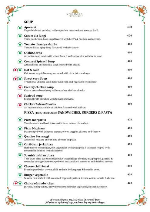 Chunda Palace Hotel & Restaurant menu