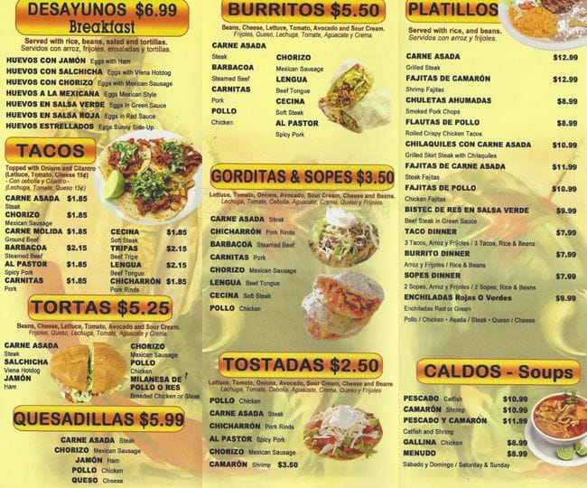 Taqueria El Toreo Menu, Menu for Taqueria El Toreo, Bensenville ...