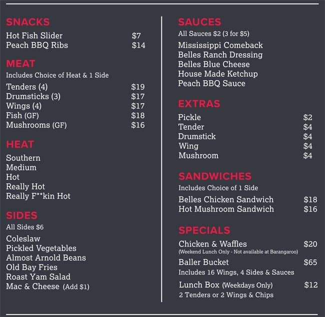 Belles Hot Chicken Menu, Menu for Belles Hot Chicken, Chinatown, Sydney