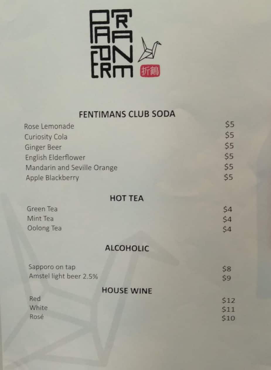 Menu at Paper Crane restaurant, Auckland