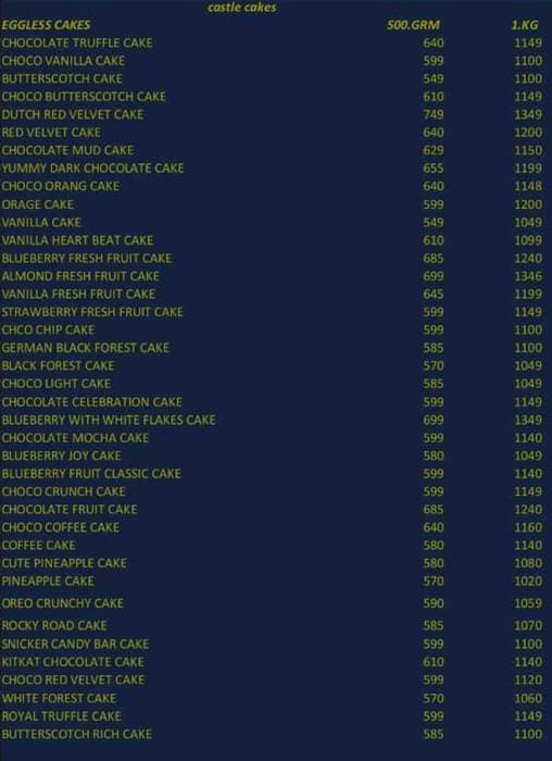 Menu of Castle Cakes, Malviya Nagar, New Delhi