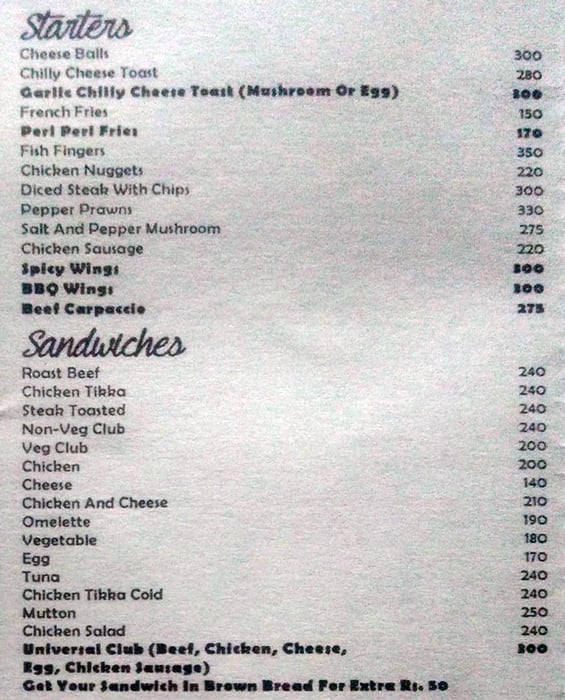 Cafe Universal RESTAURANT &BAR menu