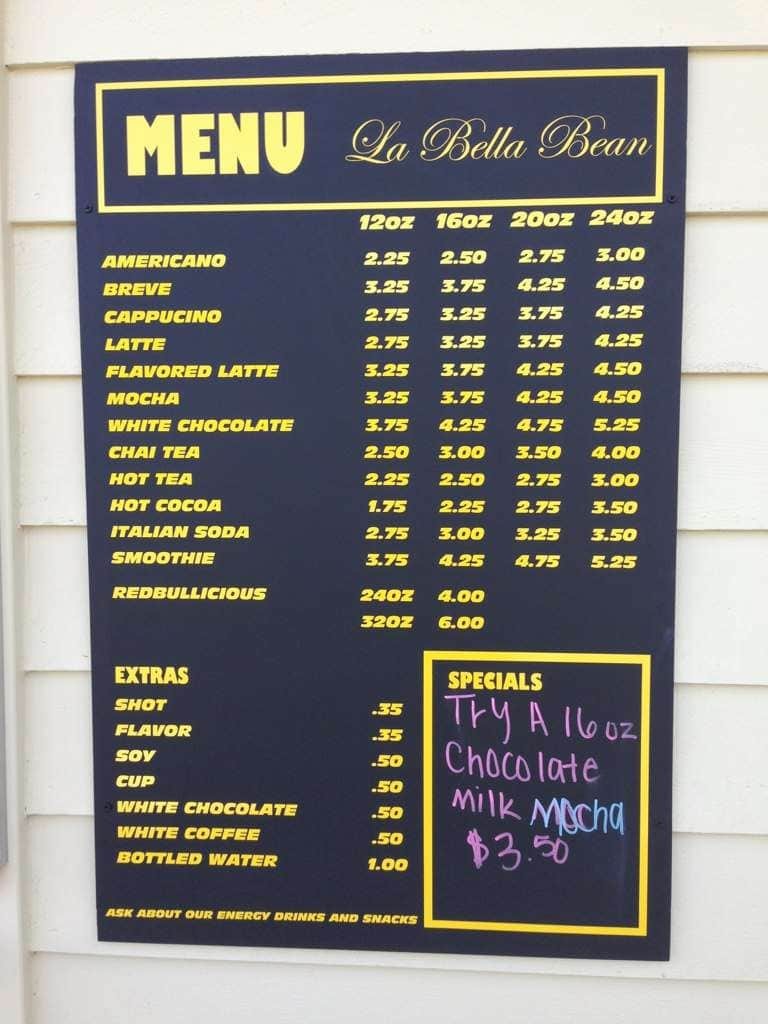 la bella bean menu